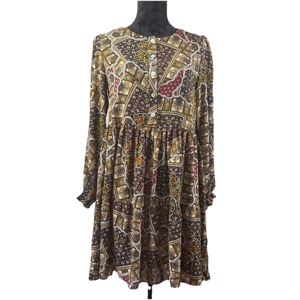 Emma Michele Brown Multi Geometric Balloon Sleeve Cottage Core Boho Dress Size S